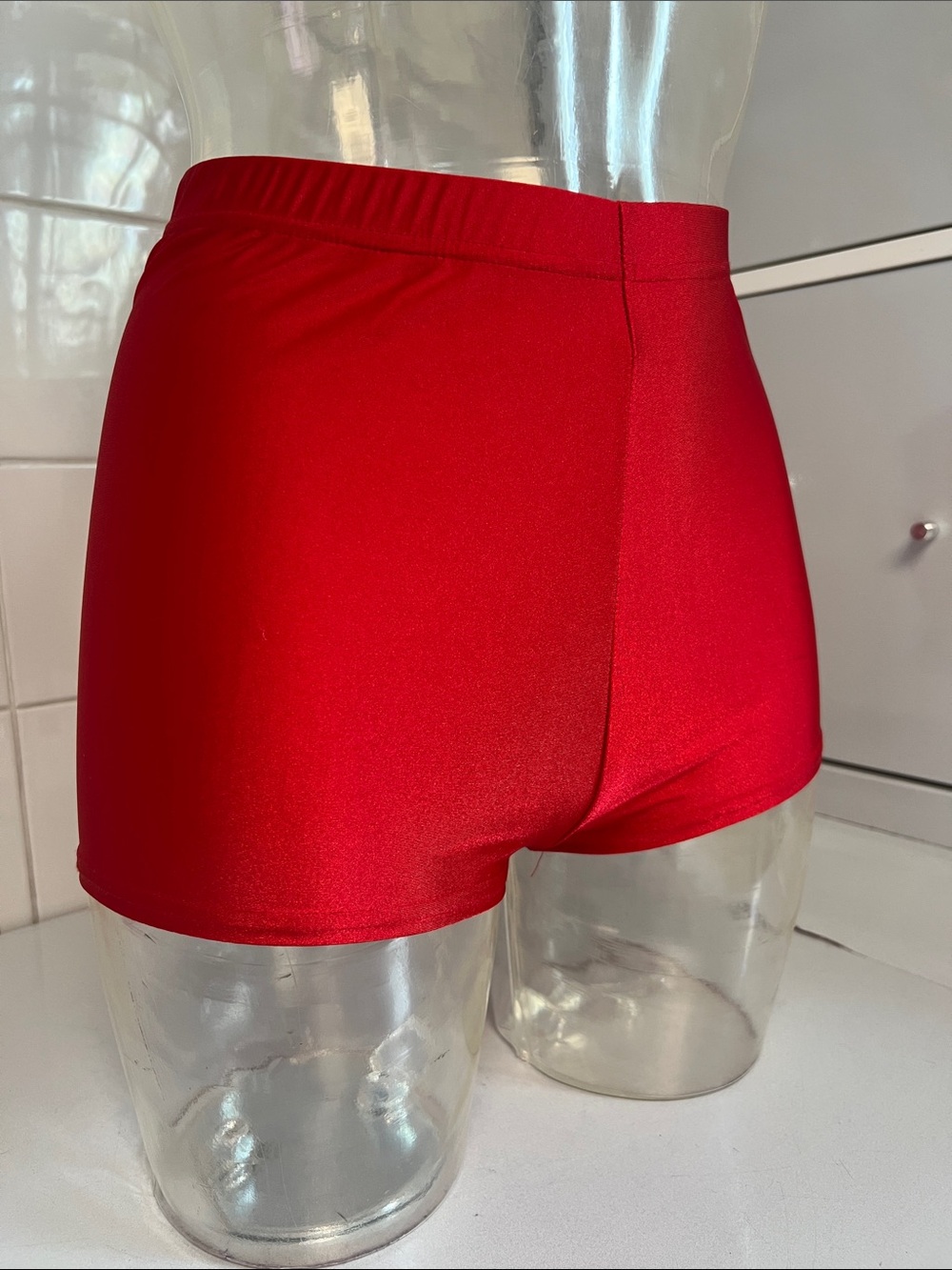 Vivid Red Shiny Spandex Cheeky Disco Hot Shorts S NWOT - Picture 2 of 9